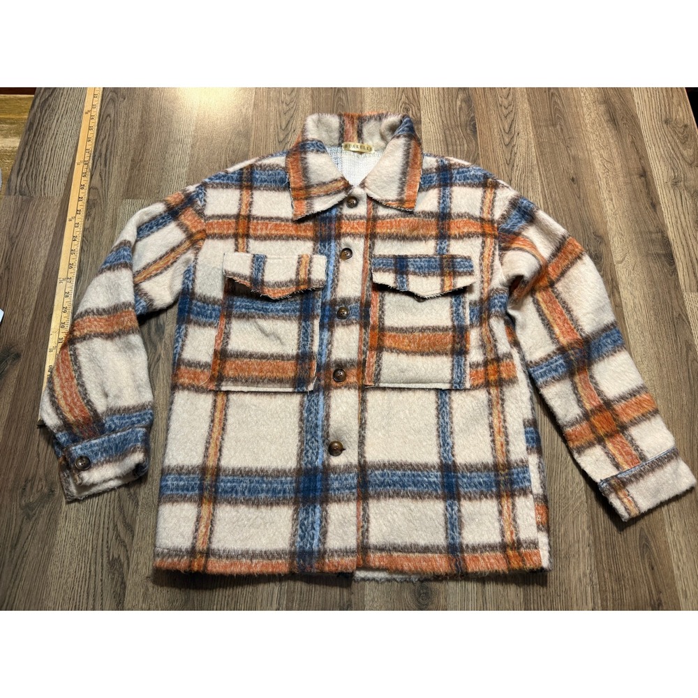 Blakeley Plaid Shacket Womens Size Small Cream Orange Blue Shirt Jacket Fuzzy